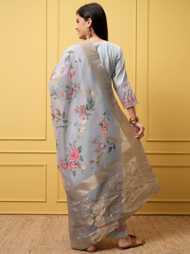 Vishudh Women Grey Embroidered Kurta With Trouser And Dupatta - Grey - Image 3