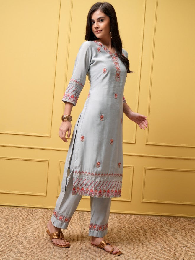 Vishudh Women Grey Embroidered Kurta With Trouser And Dupatta - Grey - Image 6
