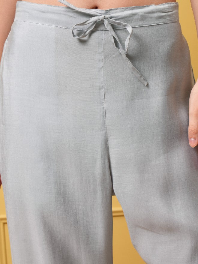 Vishudh Women Grey Embroidered Kurta With Trouser And Dupatta - Grey - Image 7
