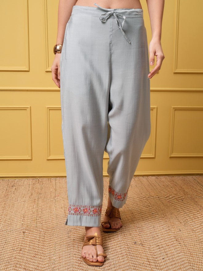 Vishudh Women Grey Embroidered Kurta With Trouser And Dupatta - Grey - Image 8