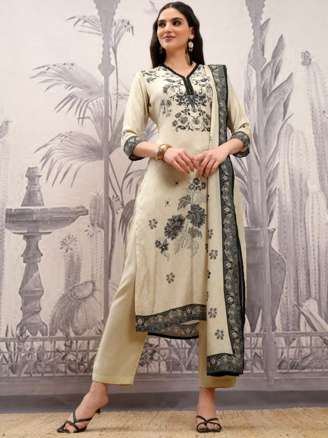 Vishudh Women Cream Printed Kurta With Trouser And Dupatta - Cream - Image 2