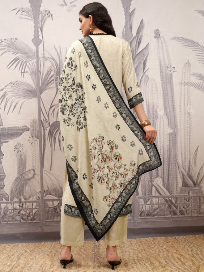 Vishudh Women Cream Printed Kurta With Trouser And Dupatta - Cream - Image 3
