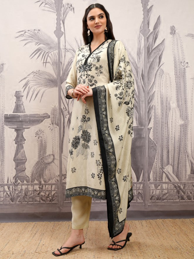 Vishudh Women Cream Printed Kurta With Trouser And Dupatta - Cream - Image 4