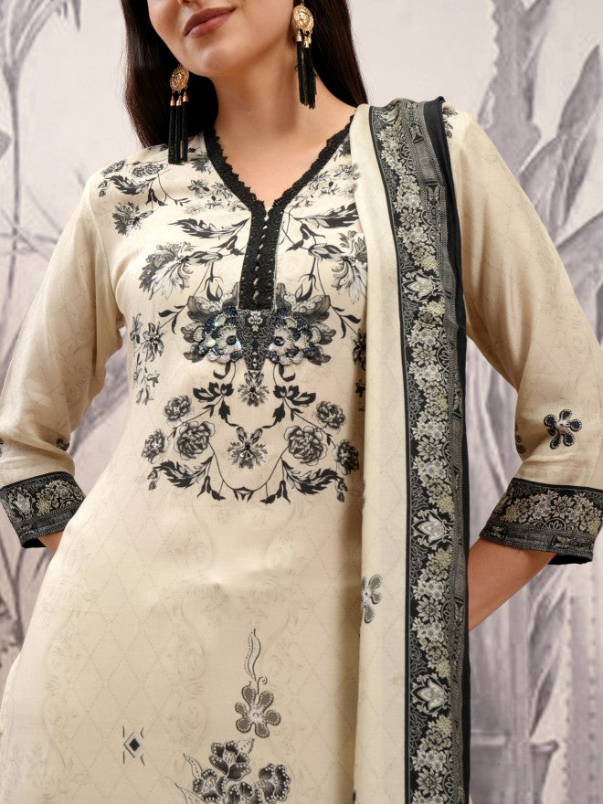 Vishudh Women Cream Printed Kurta With Trouser And Dupatta - Cream - Image 5