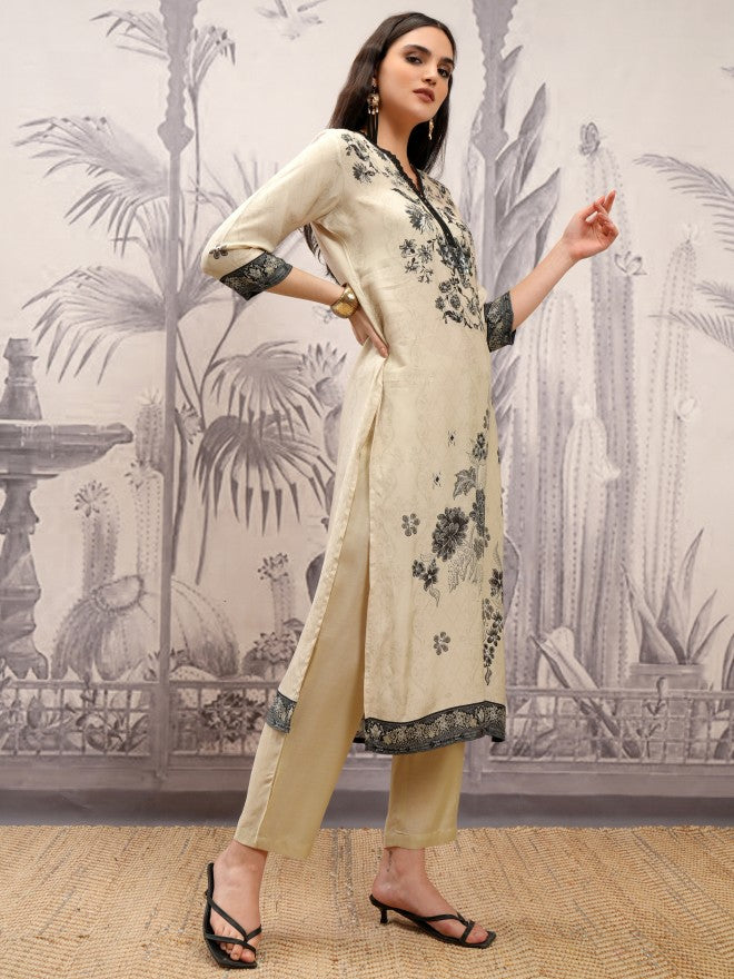 Vishudh Women Cream Printed Kurta With Trouser And Dupatta - Cream - Image 6