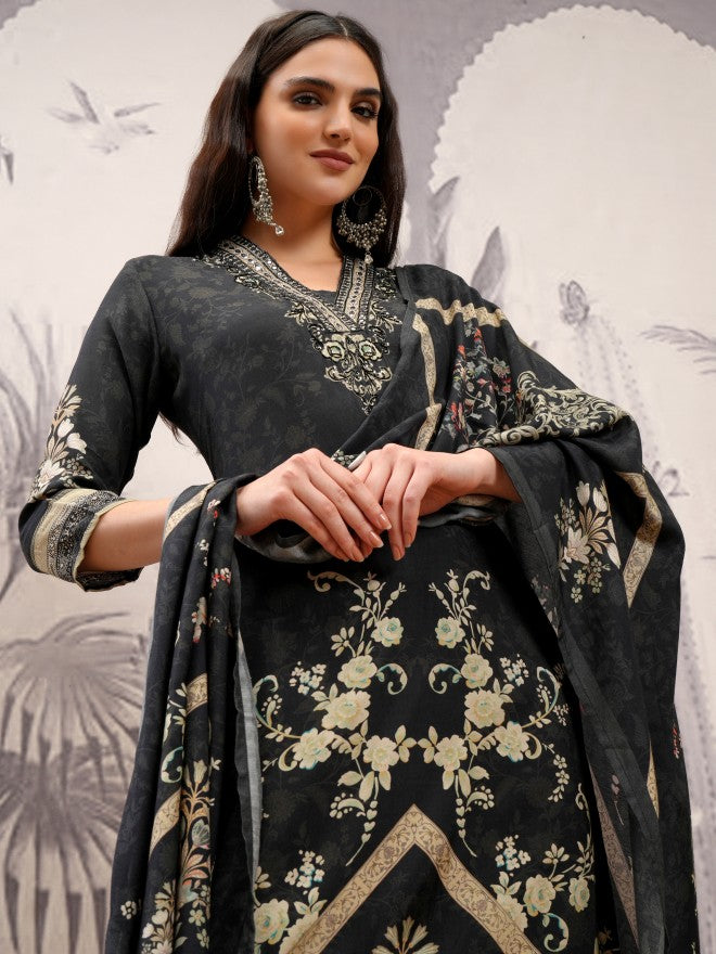 Vishudh Women Black Printed Kurta With Trouser And Dupatta - Black - Image 1