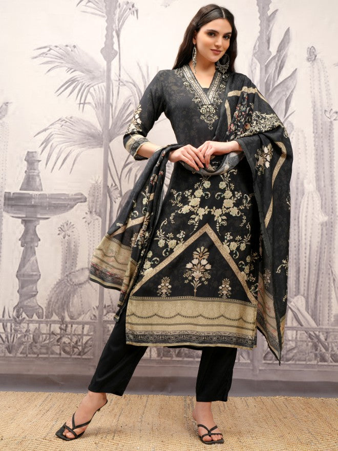 Vishudh Women Black Printed Kurta With Trouser And Dupatta - Black - Image 2