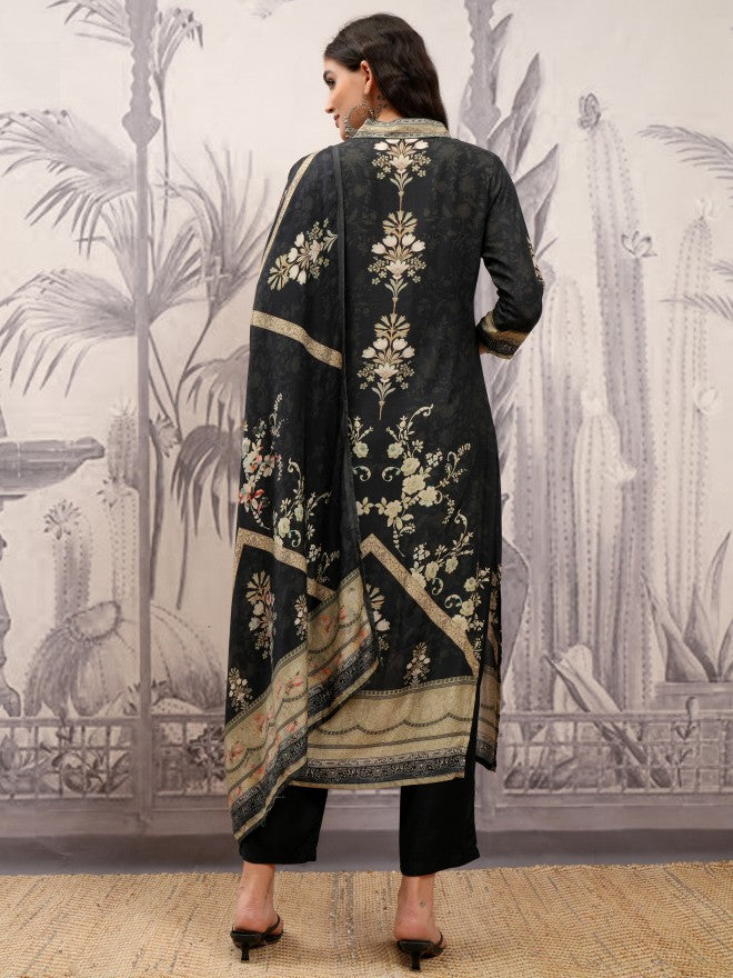 Vishudh Women Black Printed Kurta With Trouser And Dupatta - Black - Image 3