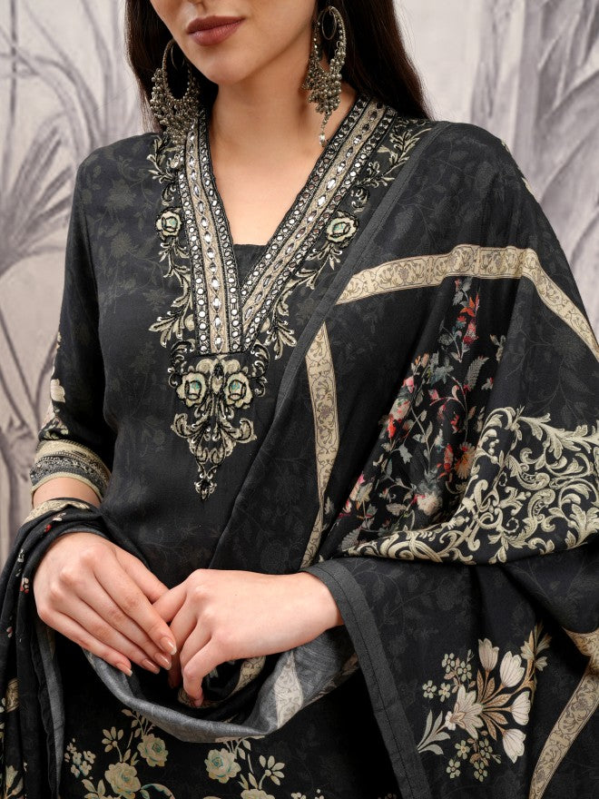Vishudh Women Black Printed Kurta With Trouser And Dupatta - Black - Image 5
