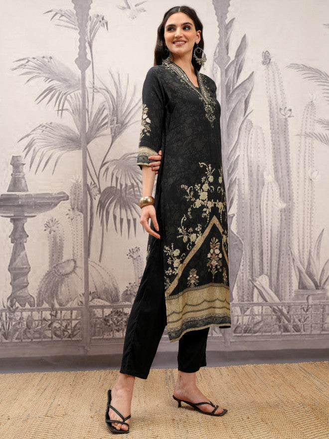 Vishudh Women Black Printed Kurta With Trouser And Dupatta - Black - Image 6