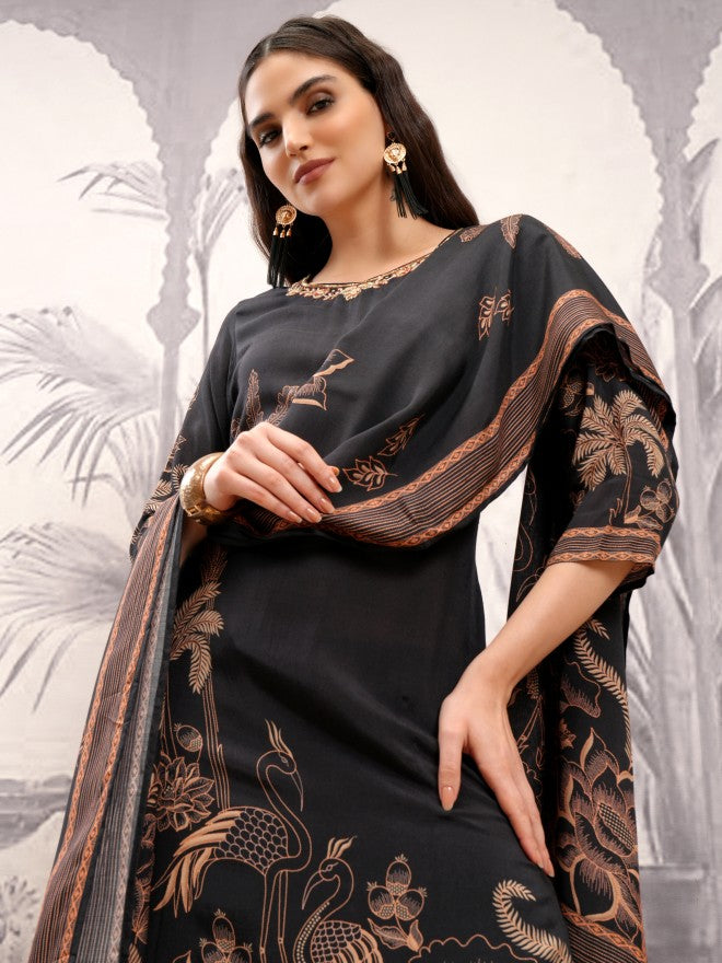 Vishudh Women Black Printed Kurta With Trouser And Dupatta - Black - Image 1