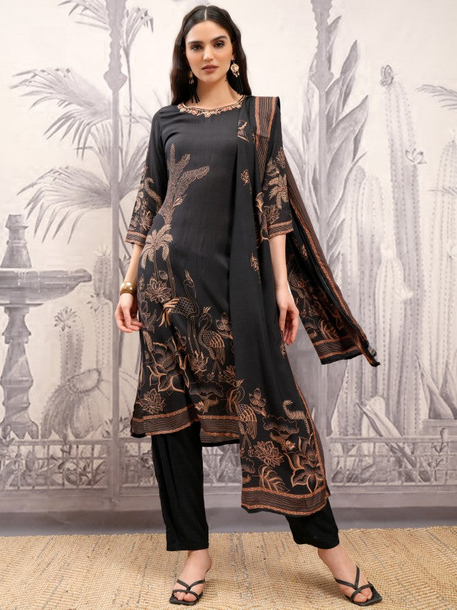 Vishudh Women Black Printed Kurta With Trouser And Dupatta - Black - Image 2