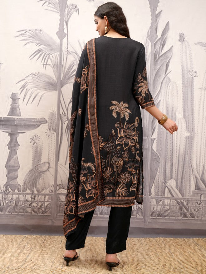 Vishudh Women Black Printed Kurta With Trouser And Dupatta - Black - Image 3