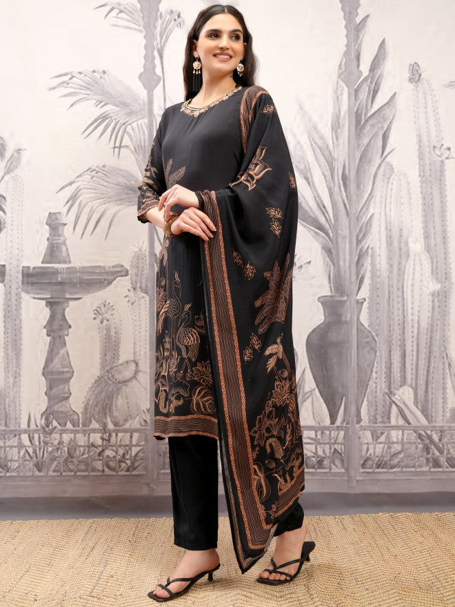 Vishudh Women Black Printed Kurta With Trouser And Dupatta - Black - Image 4