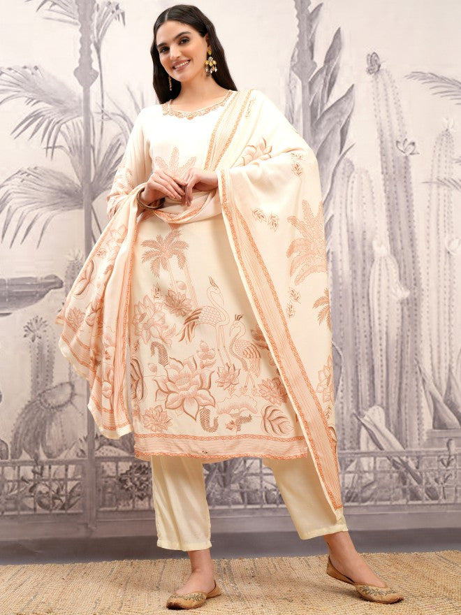 Vishudh Women Cream Printed Kurta With Trouser And Dupatta - Cream - Image 2
