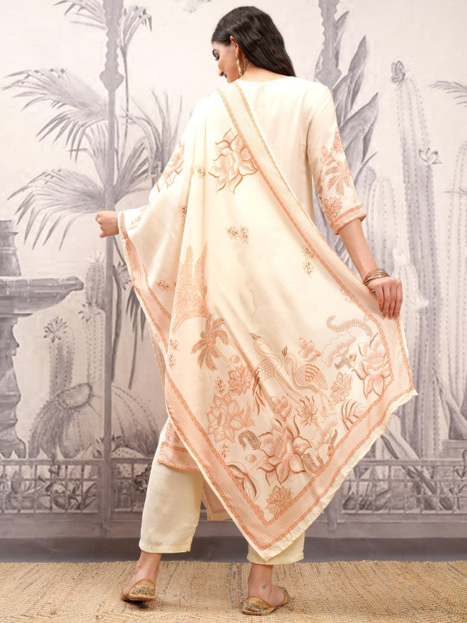 Vishudh Women Cream Printed Kurta With Trouser And Dupatta - Cream - Image 3