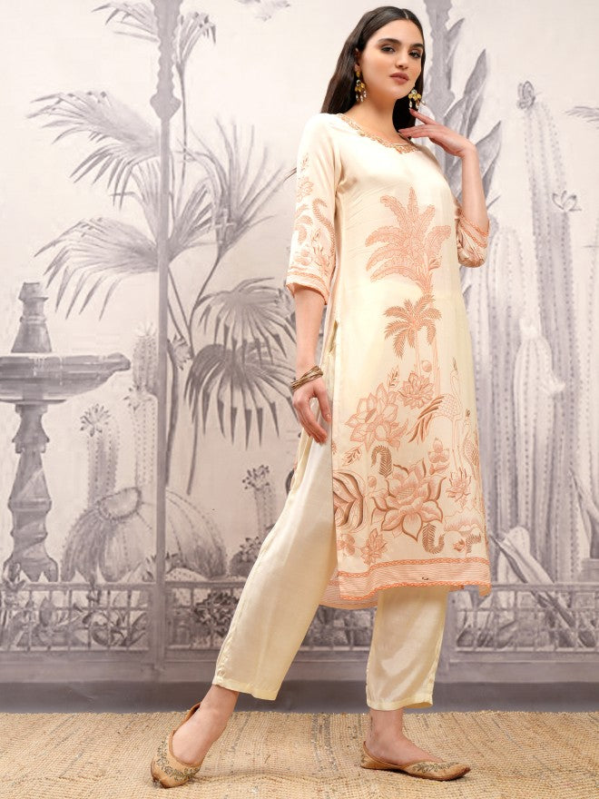 Vishudh Women Cream Printed Kurta With Trouser And Dupatta - Cream - Image 6