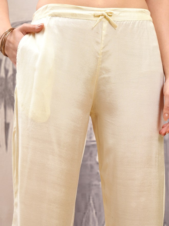 Vishudh Women Cream Printed Kurta With Trouser And Dupatta - Cream - Image 8