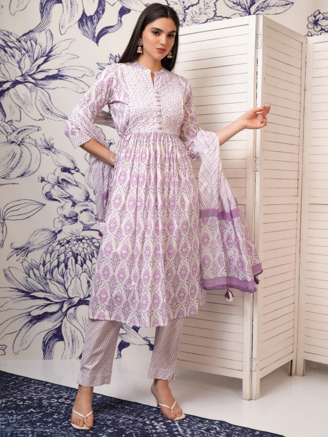 Vishudh Women Pink Printed Kurta With Trousers And Dupatta - Pink - Image 1