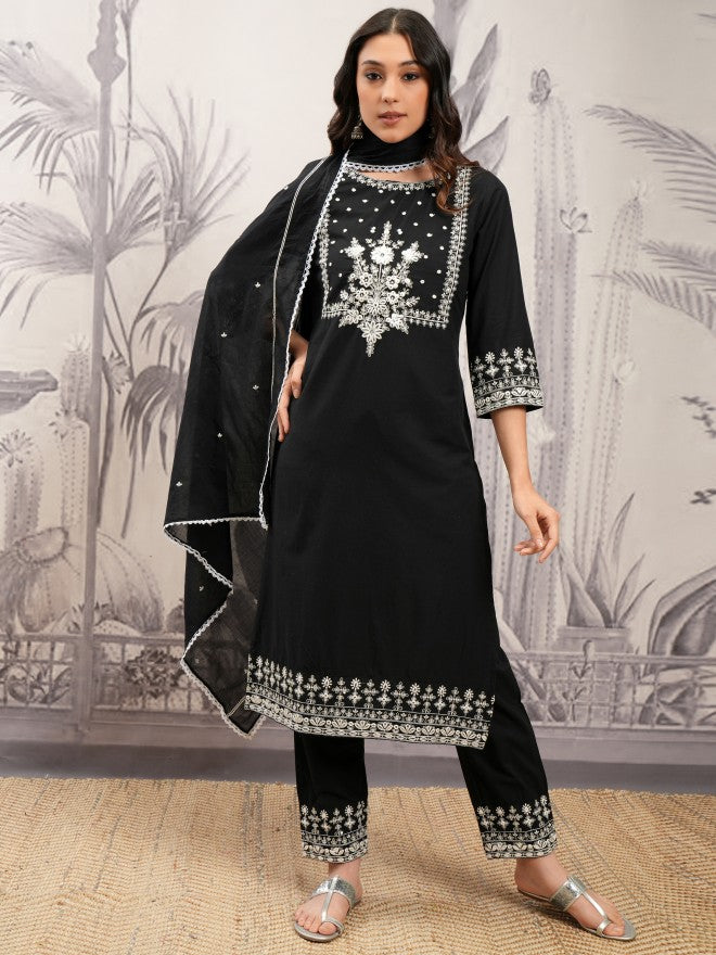Vishudh Women Black Embroidered Kurta With Trouser And Dupatta - Black - Image 2