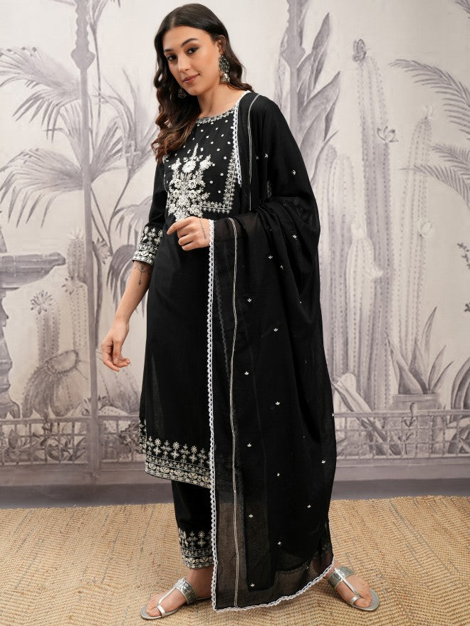 Vishudh Women Black Embroidered Kurta With Trouser And Dupatta - Black - Image 4