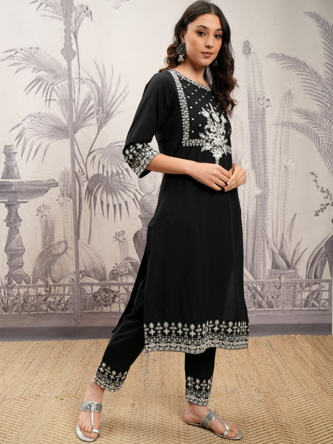 Vishudh Women Black Embroidered Kurta With Trouser And Dupatta - Black - Image 6