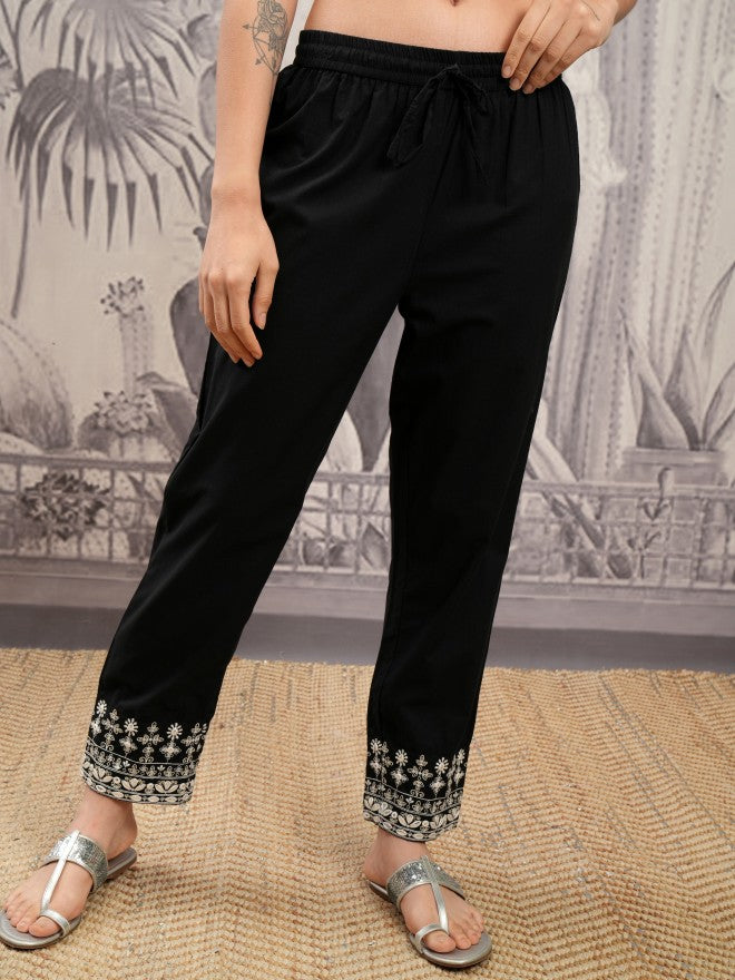 Vishudh Women Black Embroidered Kurta With Trouser And Dupatta - Black - Image 7