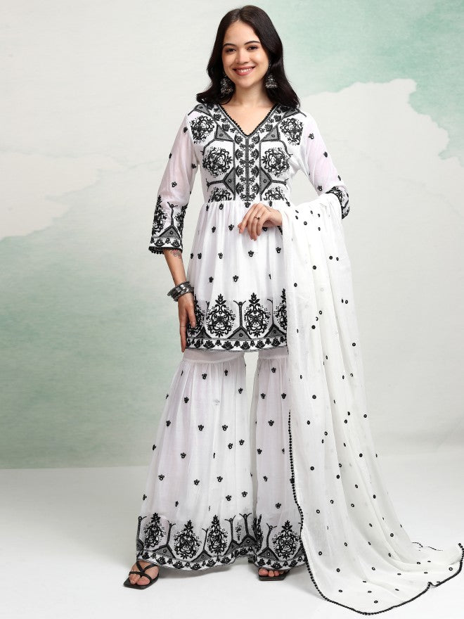 Vishudh Women White Embroidered Kurta With Sharara And Dupatta - White - Image 2