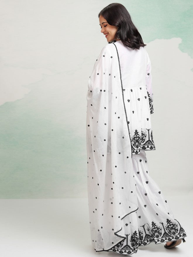 Vishudh Women White Embroidered Kurta With Sharara And Dupatta - White - Image 3