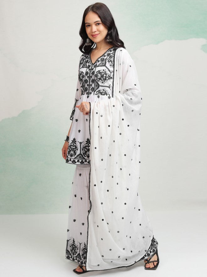 Vishudh Women White Embroidered Kurta With Sharara And Dupatta - White - Image 4