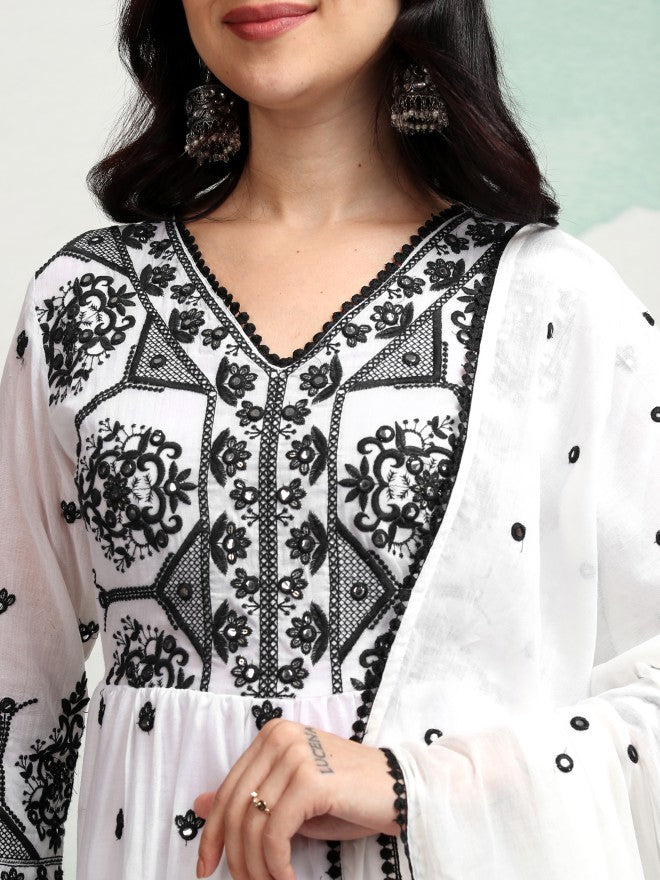 Vishudh Women White Embroidered Kurta With Sharara And Dupatta - White - Image 5