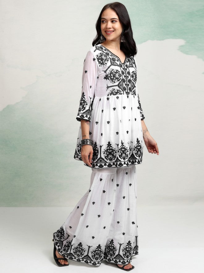 Vishudh Women White Embroidered Kurta With Sharara And Dupatta - White - Image 6