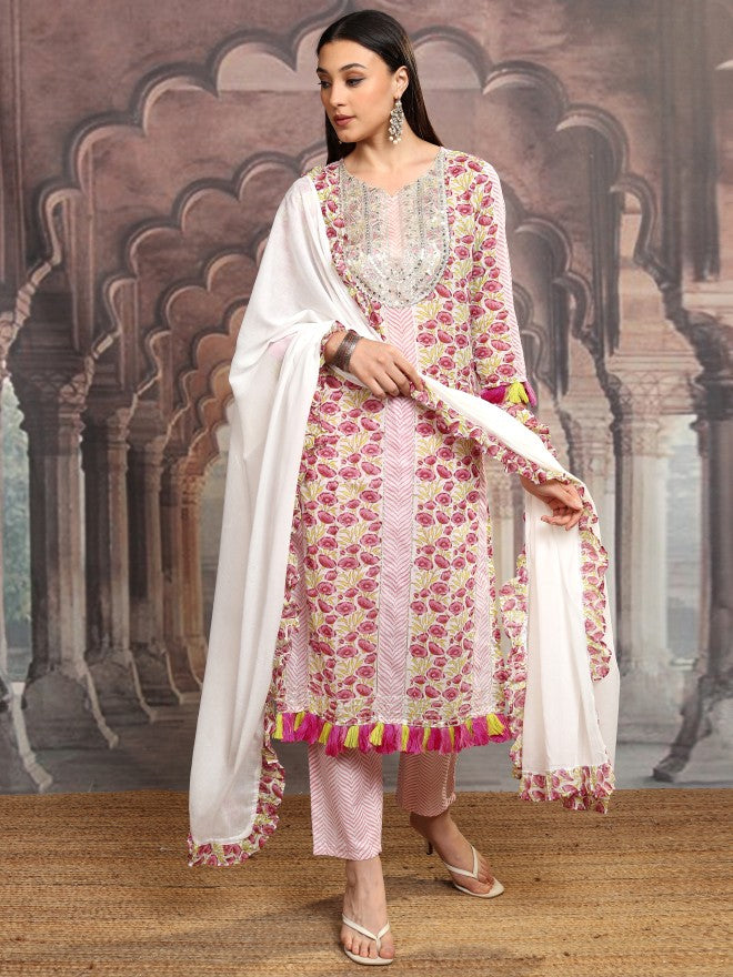 Vishudh Women Pink Embroidered Kurta With Trouser - Pink - Image 2