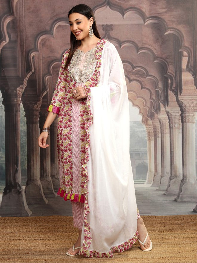 Vishudh Women Pink Embroidered Kurta With Trouser - Pink - Image 4