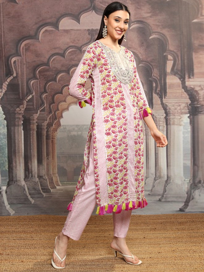 Vishudh Women Pink Embroidered Kurta With Trouser - Pink - Image 6