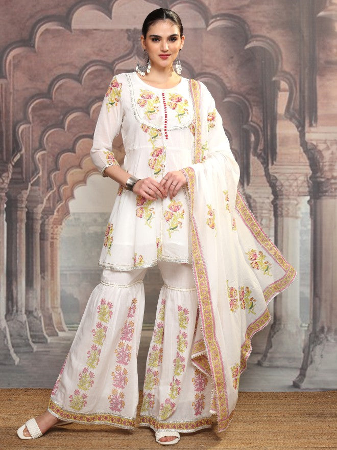 Vishudh Women White Printed Kurta With Sharara And Dupatta - White - Image 2