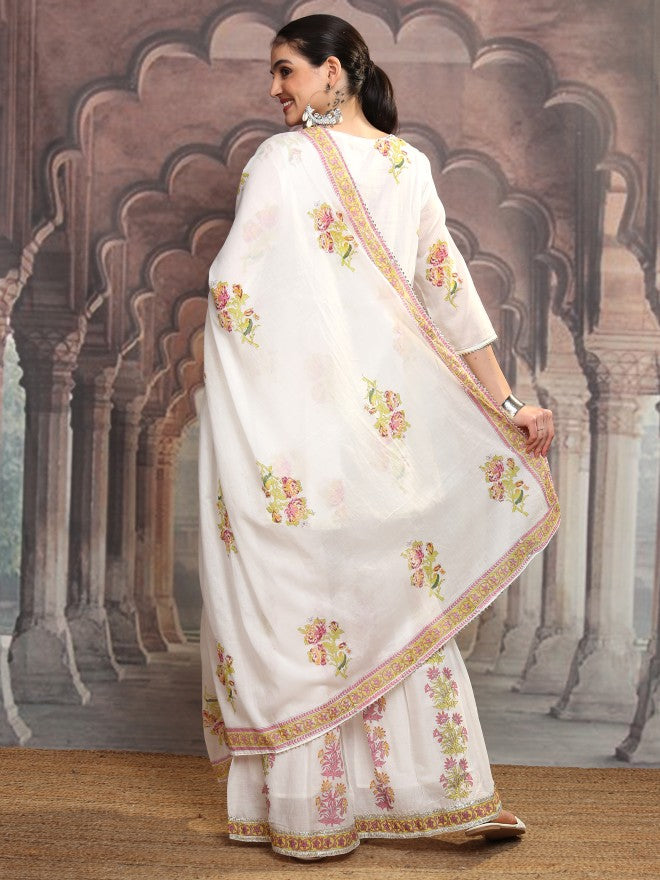 Vishudh Women White Printed Kurta With Sharara And Dupatta - White - Image 3