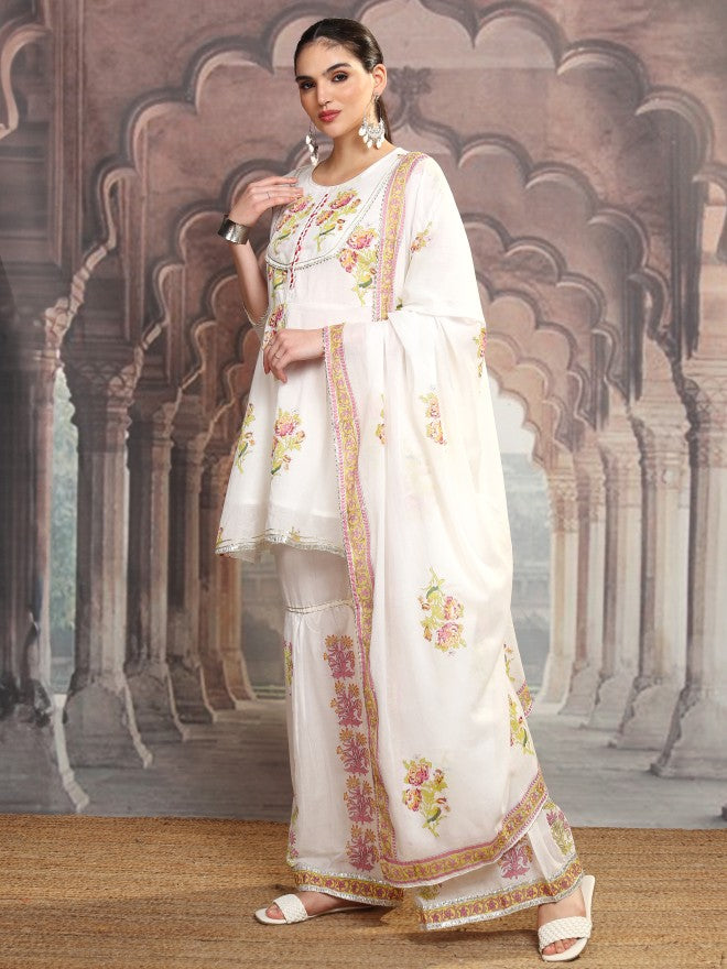 Vishudh Women White Printed Kurta With Sharara And Dupatta - White - Image 4