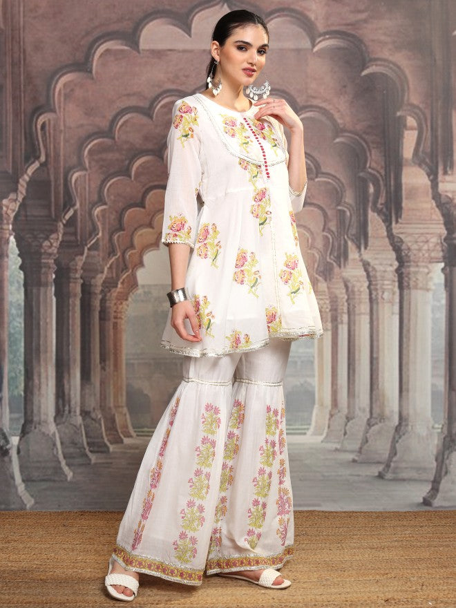 Vishudh Women White Printed Kurta With Sharara And Dupatta - White - Image 6