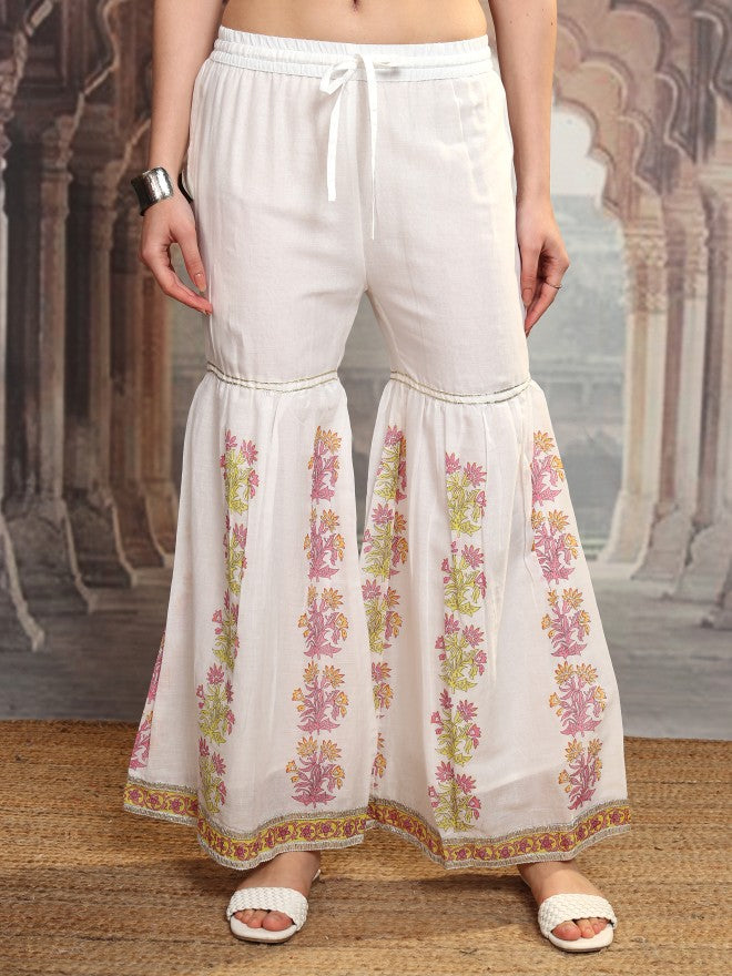 Vishudh Women White Printed Kurta With Sharara And Dupatta - White - Image 8