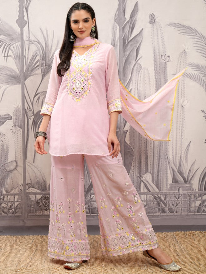 Vishudh Women Pink Embroidered Kurta With Sharara And Dupatta - Pink - Image 2