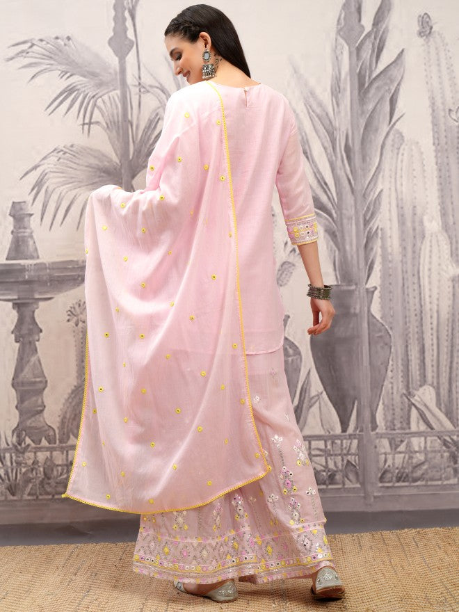 Vishudh Women Pink Embroidered Kurta With Sharara And Dupatta - Pink - Image 3