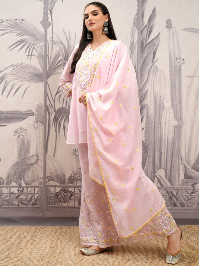 Vishudh Women Pink Embroidered Kurta With Sharara And Dupatta - Pink - Image 4