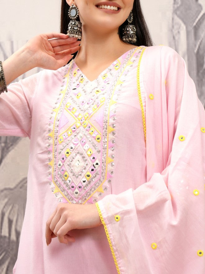Vishudh Women Pink Embroidered Kurta With Sharara And Dupatta - Pink - Image 5