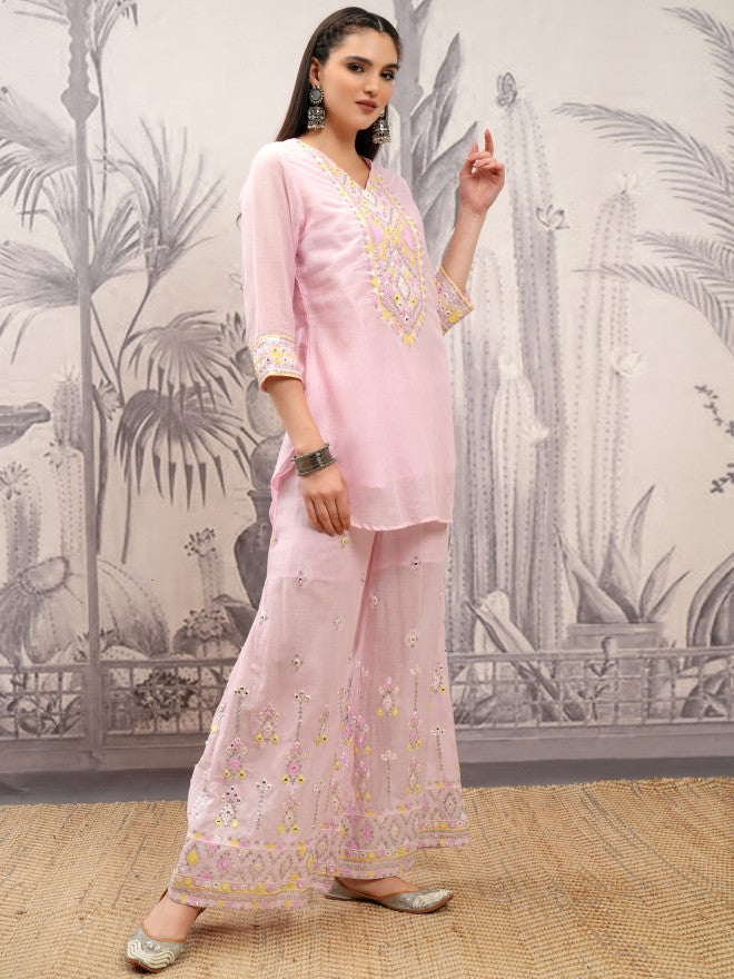 Vishudh Women Pink Embroidered Kurta With Sharara And Dupatta - Pink - Image 6