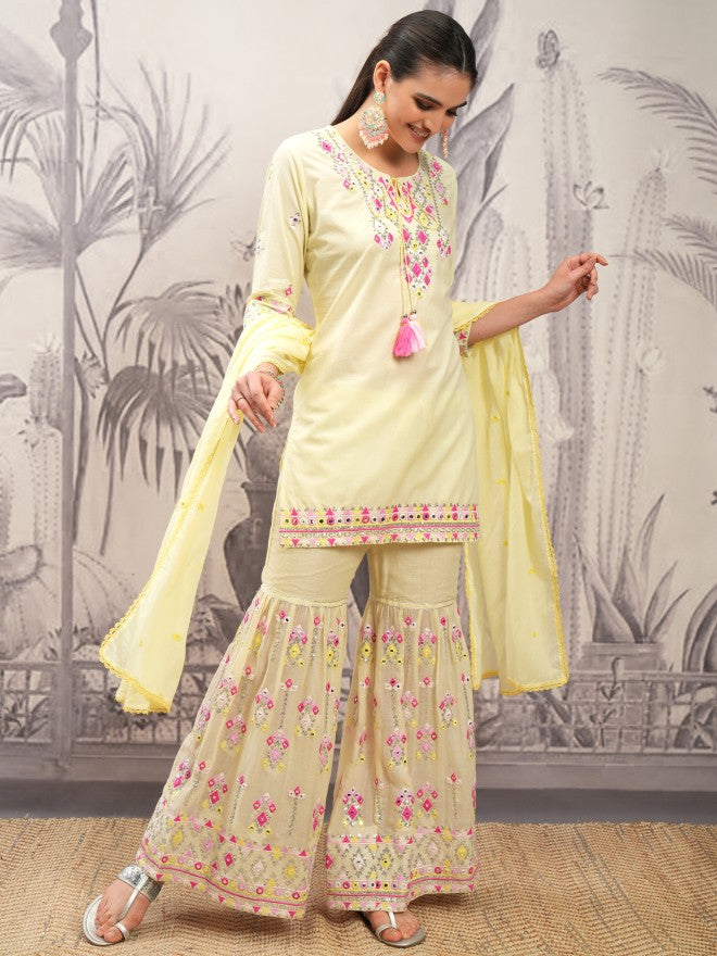 Vishudh Women Yellow Printed Kurta With Sharara And Dupatta - Yellow - Image 2