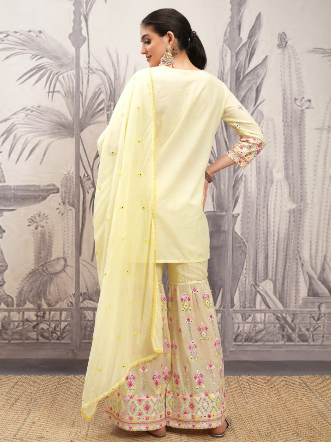 Vishudh Women Yellow Printed Kurta With Sharara And Dupatta - Yellow - Image 3