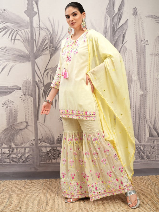 Vishudh Women Yellow Printed Kurta With Sharara And Dupatta - Yellow - Image 4