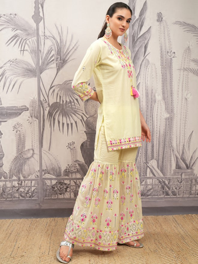 Vishudh Women Yellow Printed Kurta With Sharara And Dupatta - Yellow - Image 6