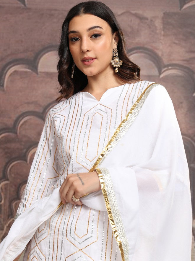 Vishudh Women White Embroidered Kurta With Trouser And Dupatta - White - Image 1